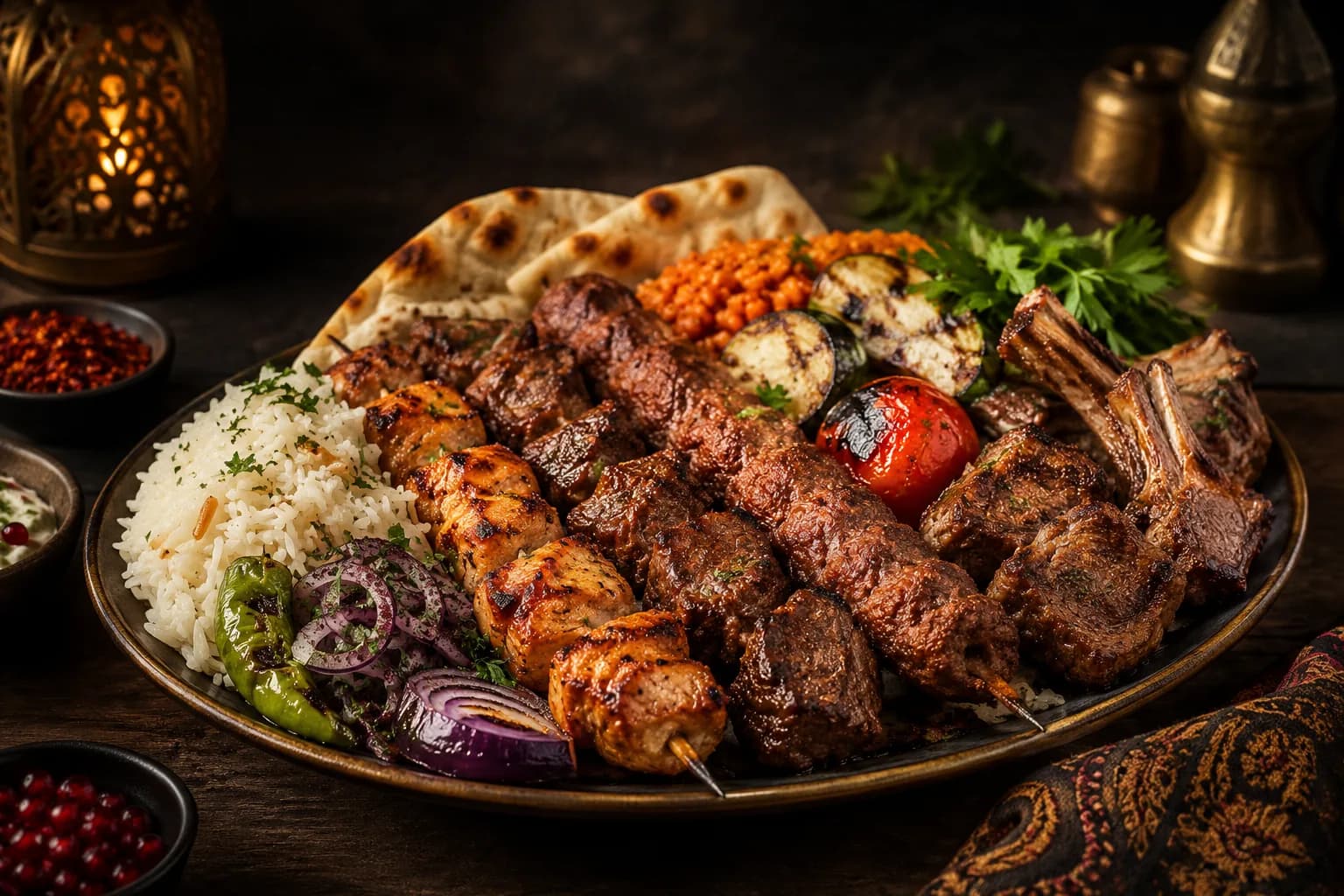 Orientalische Grillplatte mit Lammkoteletts, Kebab-Spießen, Reis und gegrilltem Gemüse